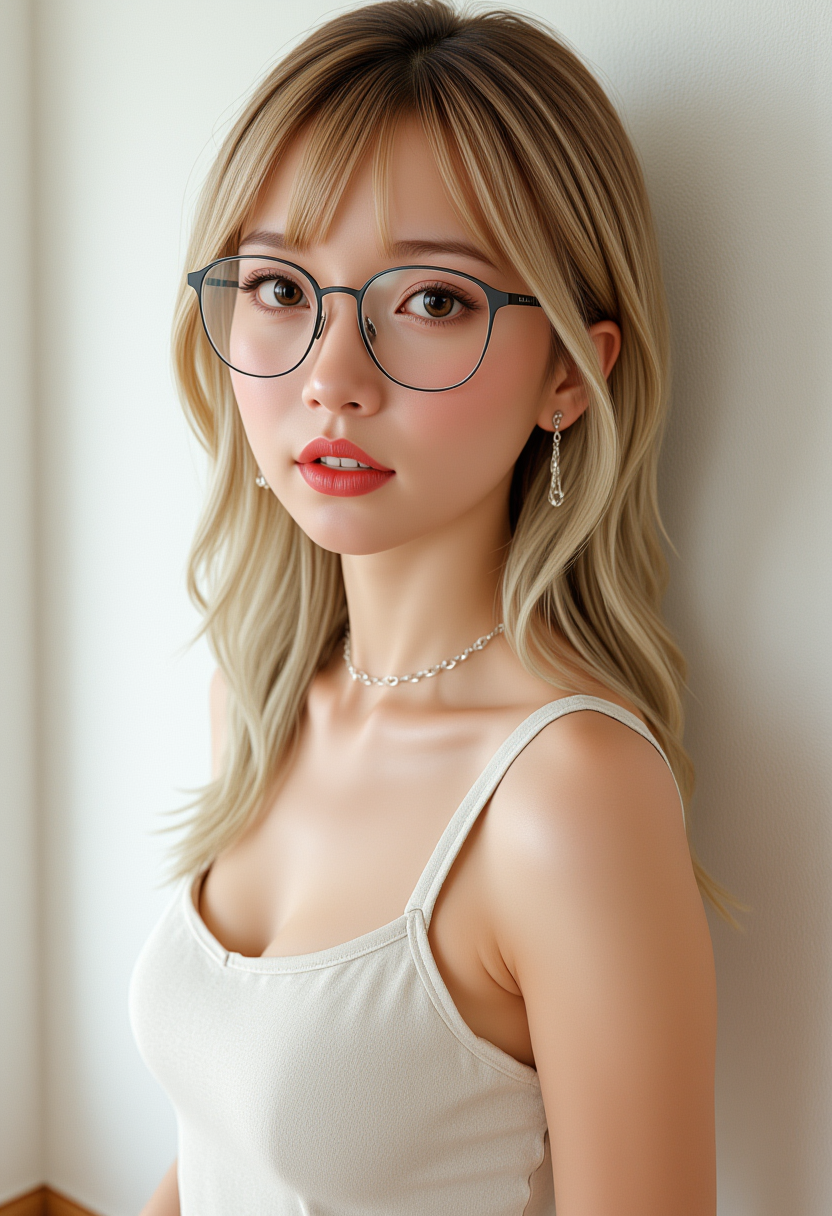 She is approximately 18 years old. Hyperrealism, she is looking at the camera, (dynamic angles), profile headshots of a beautiful, stunning unique female character. she has blonde hair. her eyes are filled with joy and excitement, extravagant eyelashes, a photo of Ch0c0_V2, a woman wearing glasses, she is wearing a white dress.she is wearing stockings,and white sneakers. wooden floor. She is posing for the camera with a smirk on her face.The woman is posing confidently. simple beige background.  The background is a simple white wall. making this image a masterpiece of photography and digital art. Style: realistic hyper-detailed rendering,32k UHD,expressive eyes,punk,graphic design,girl's face,pretty and cute,gleaming lips,white skin,telling a tale of adventure. Exuding confidence and serenity. The background is a simple white wall. The overall mood of the image is happy and relaxed.RAW candid cinema,16mm,color graded portra 400 film,remarkable color,ultra realistic,textured skin,remarkable detailed pupils,realistic dull skin noise,visible skin detail,skin fuzz,dry skin,shot with cinematic camera,detailed skin texture,(blush:0.2),(goosebumps:0.3),subsurface scattering,beautiful photograph in the style of Augustus John,Sergio Toppi,Virginia Frances Sterrett,8k HD,detailed skin texture,ultra realistic,textured skin,analog raw photo,cinematic grain,whimsical,detailed hand,perfect hand.perfection style