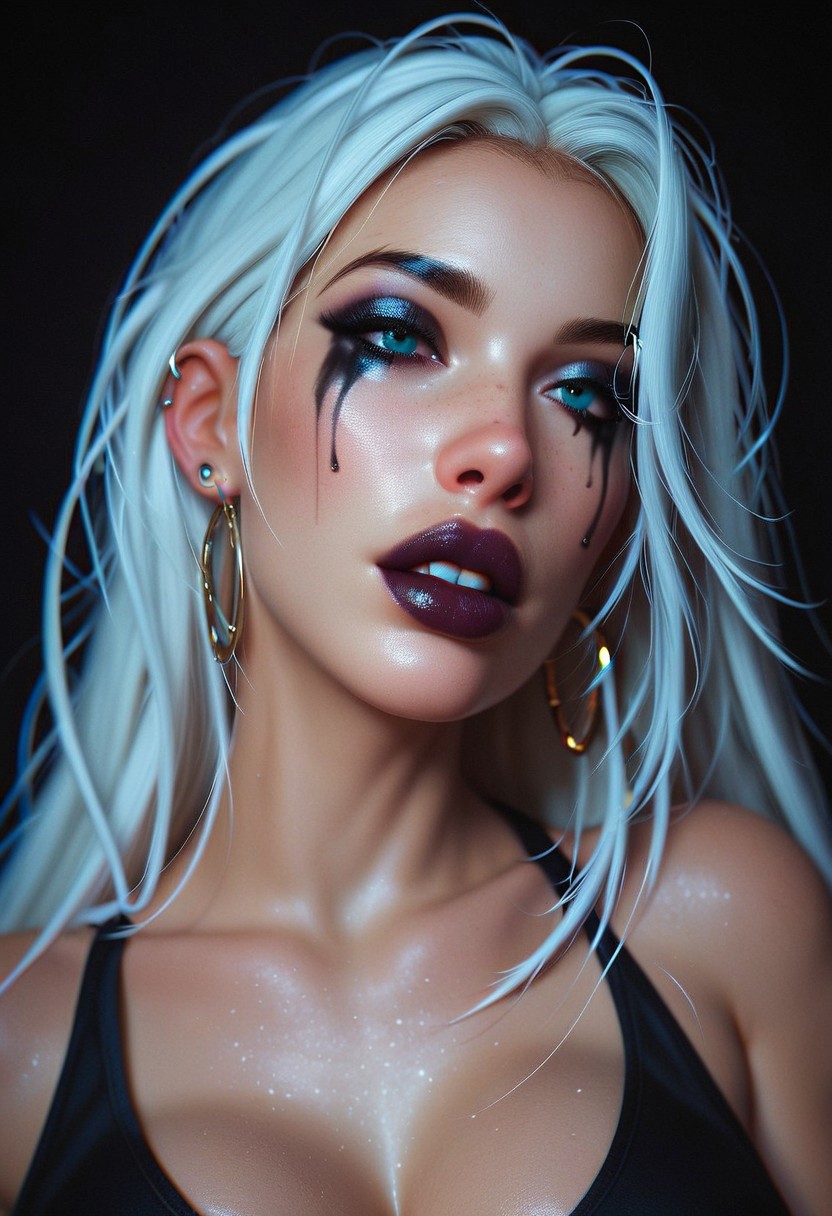 score_9, score_8_up, score_7_up, score_6_up, score_9, score_8_up, large breasts, cleavage, white hair, dark makeup, black lipstick, black eyeshadow, ear piercing, black tank top, ((TearsMakeUp)), dark background, soft light,
