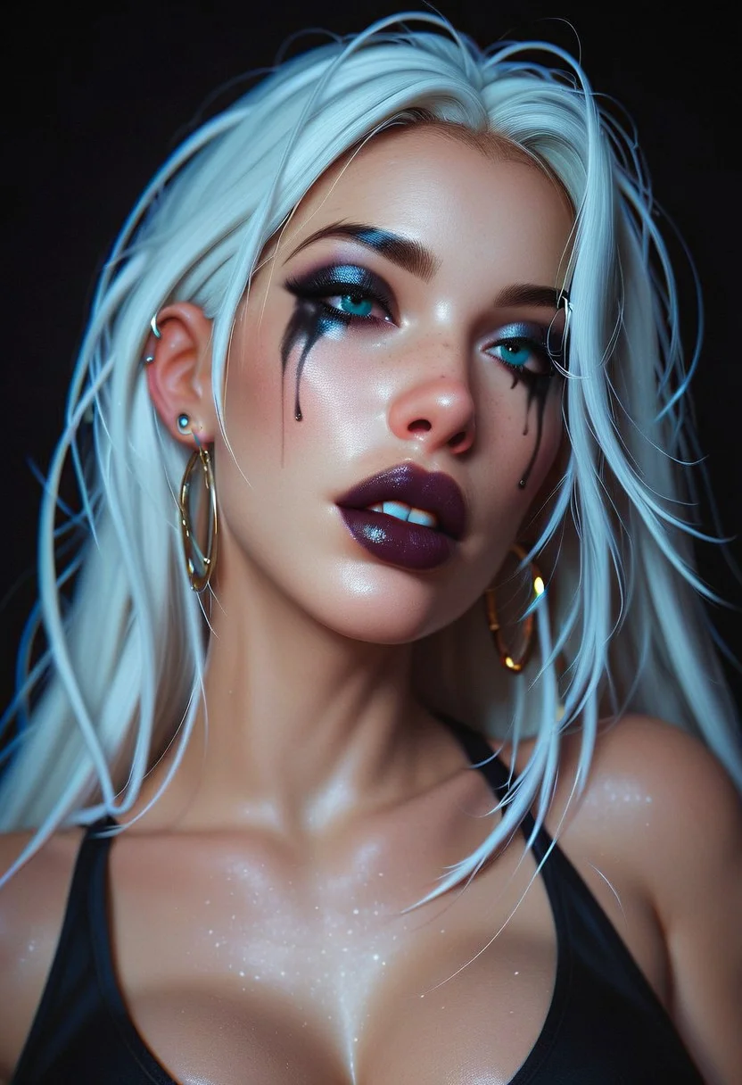 score_9, score_8_up, score_7_up, score_6_up, score_9, score_8_up, large breasts, cleavage, white hair, dark makeup, black lipstick, black eyeshadow, ear piercing, black tank top, ((TearsMakeUp)), dark background, soft light,