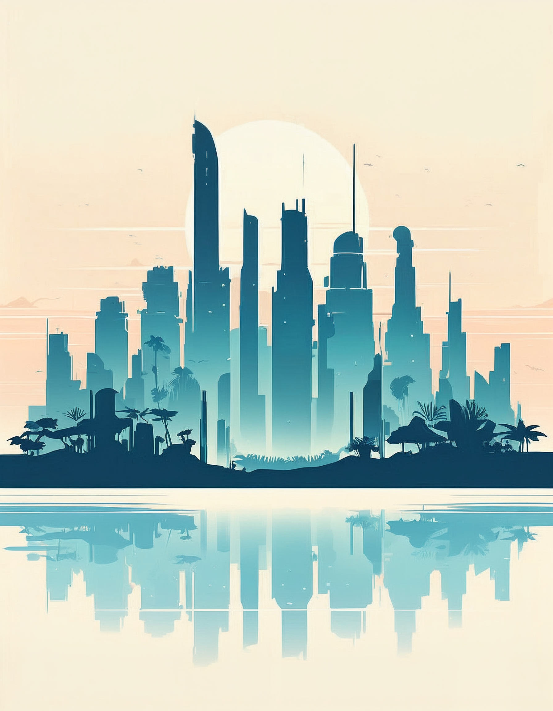 minimalistic, flat color, no lineart, gigantic sci-fi skyline in a fantasy jungle, silhouette, simple bright background