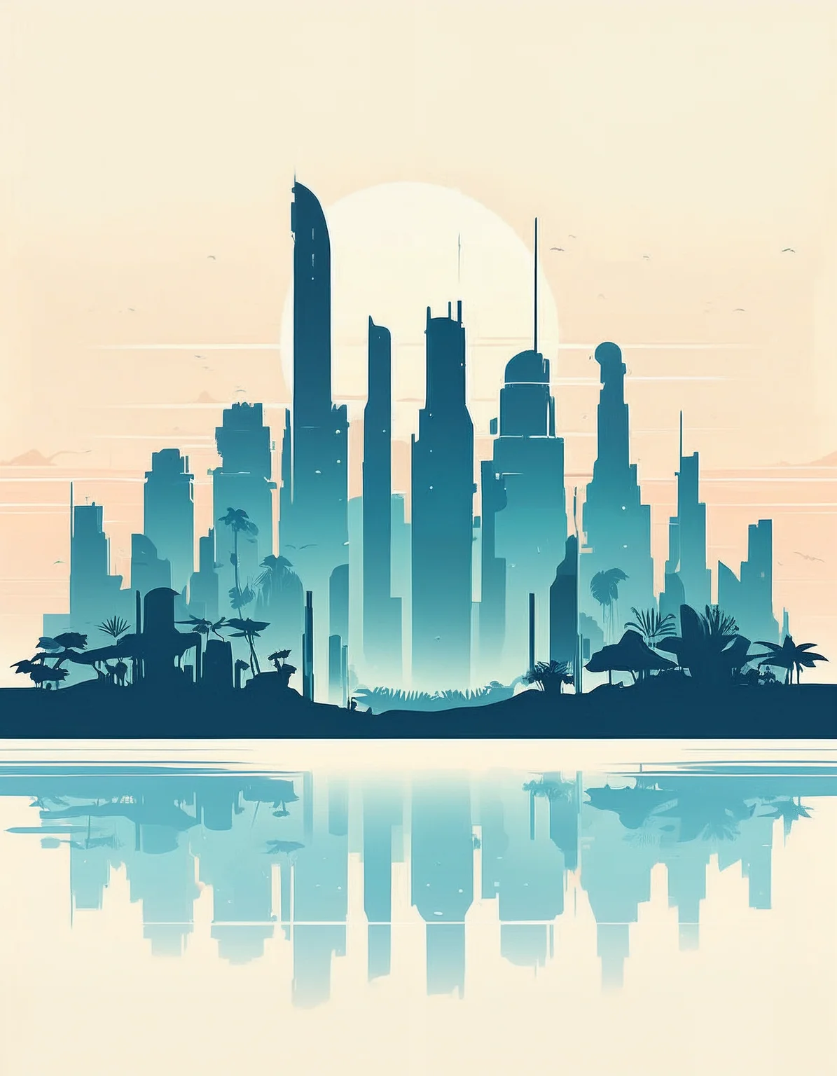 minimalistic, flat color, no lineart, gigantic sci-fi skyline in a fantasy jungle, silhouette, simple bright background
