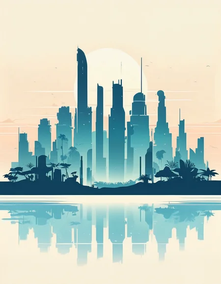 minimalistic, flat color, no lineart, gigantic sci-fi skyline in a fantasy jungle, silhouette, simple bright background