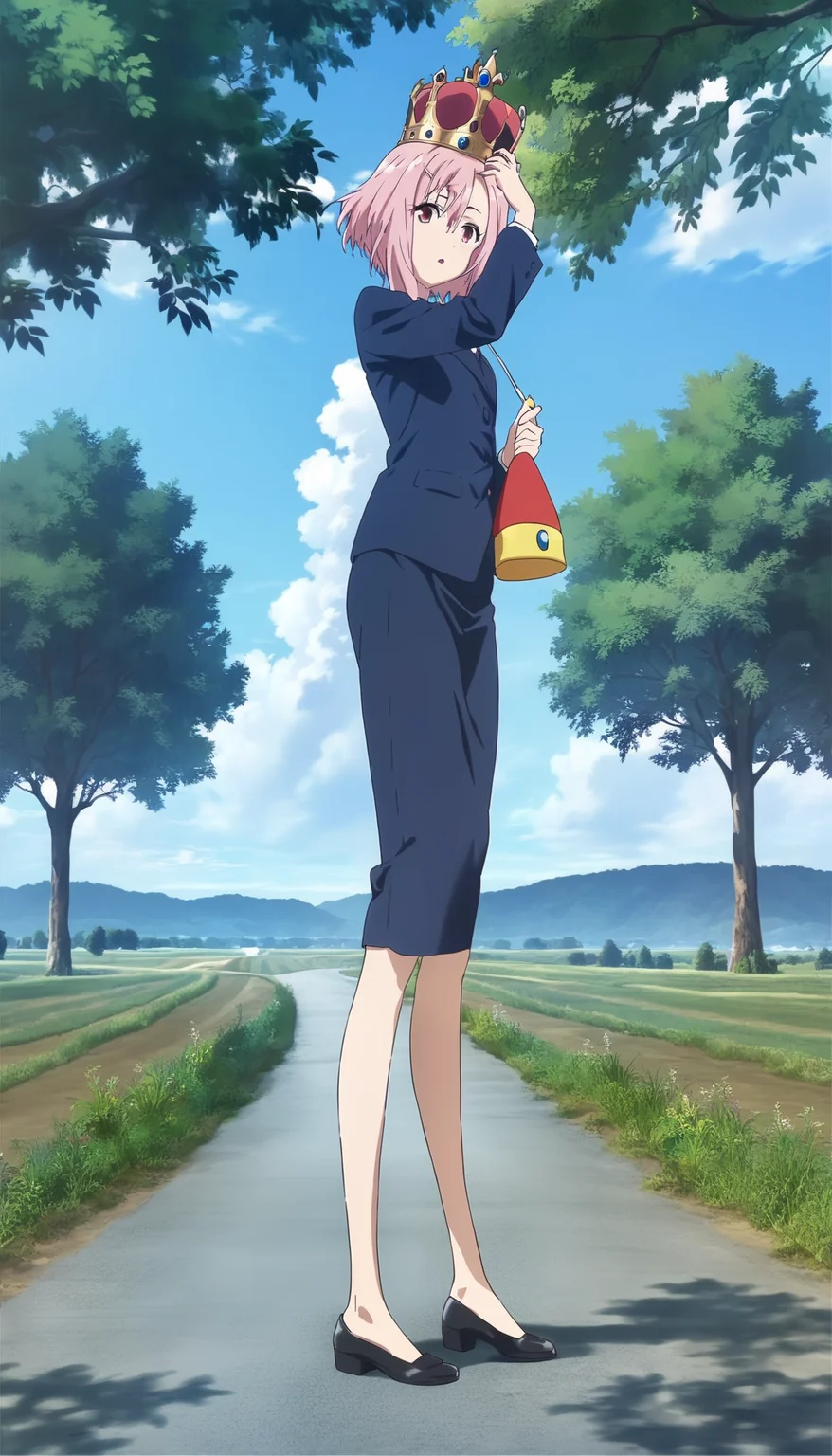 score_9,score_8_up,score_7_up,
<lora:yoshinokoharu>,yoshinokoharu,
1girl,solo,pink hair,short hair,bangs,red eyes,looking at viewer,parted lips,suit,dress shirt,holding a black shoe,crown,holding crown,cowboy shot,standing,front view,outdoors,morning,summer,countryside,rolling hills,tree,road,fields,blue sky,cloud,