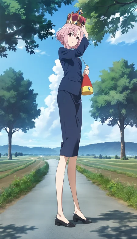 score_9,score_8_up,score_7_up,
<lora:yoshinokoharu>,yoshinokoharu,
1girl,solo,pink hair,short hair,bangs,red eyes,looking at viewer,parted lips,suit,dress shirt,holding a black shoe,crown,holding crown,cowboy shot,standing,front view,outdoors,morning,summer,countryside,rolling hills,tree,road,fields,blue sky,cloud,