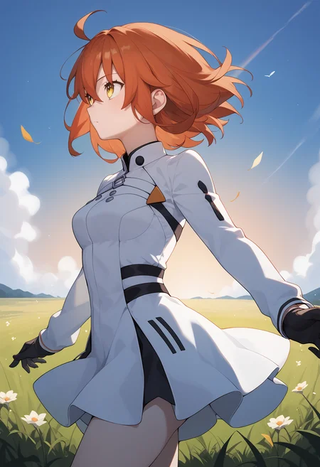 score_9, score_8_up, score_7_up, score_6_up, score_5_up, score_4_up, source_anime, aaritsuka, short hair, orange hair, yellow eyes, ahoge, breasts, short dress, white dress, long sleeves, black gloves, <lora:fujimaru_ritsuka_ponyxl_v1:0.9>, from side, looking up, field, floating hair, standing, cowboy shot,
