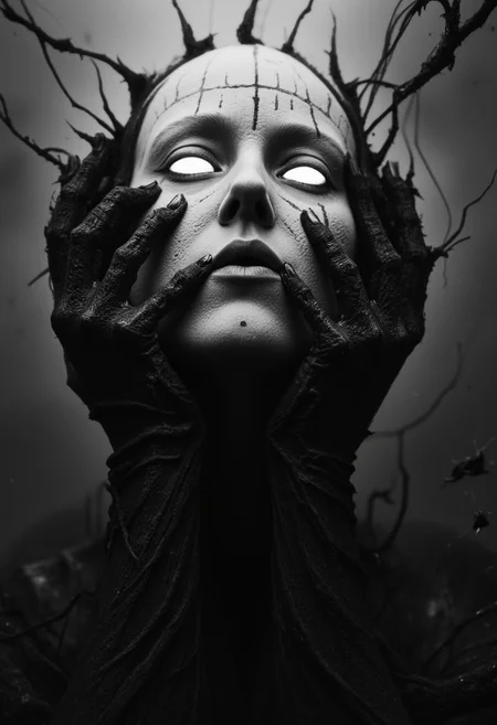 Color graded in translucent Neon Pink, Blue, and Green hues, cinematic lighting, insane details, hyperrealistic extreme close-up macro photography, 64-megapixel DSLR. 
This is a digital artwork featuring a surreal, high-contrast black and white CGI rendering of a faceless, humanoid figure. The figure's face is a smooth, white mask with a stylized, geometric pattern of black lines across the forehead and around the mouth, giving it an otherworldly appearance. The eyes are glowing a bright, piercing white, creating a stark contrast against the dark background. 
The figure's hands are obscured, but multiple black, skeletal-like hands are cupping and framing the face, adding to the eerie, almost ghostly atmosphere. These hands have long, bony fingers and dark, almost skeletal texture, enhancing the unsettling nature of the scene. The fingers are positioned around the face, with some hands touching the face directly, and others hovering above it.
The background is a gradient of light to dark gray, which helps emphasize the stark contrast between the white face and the black hands. The texture of the skin on the face is smooth and featureless, while the hands have a rough, almost decaying appearance, suggesting they might belong to a different entity or a spirit.