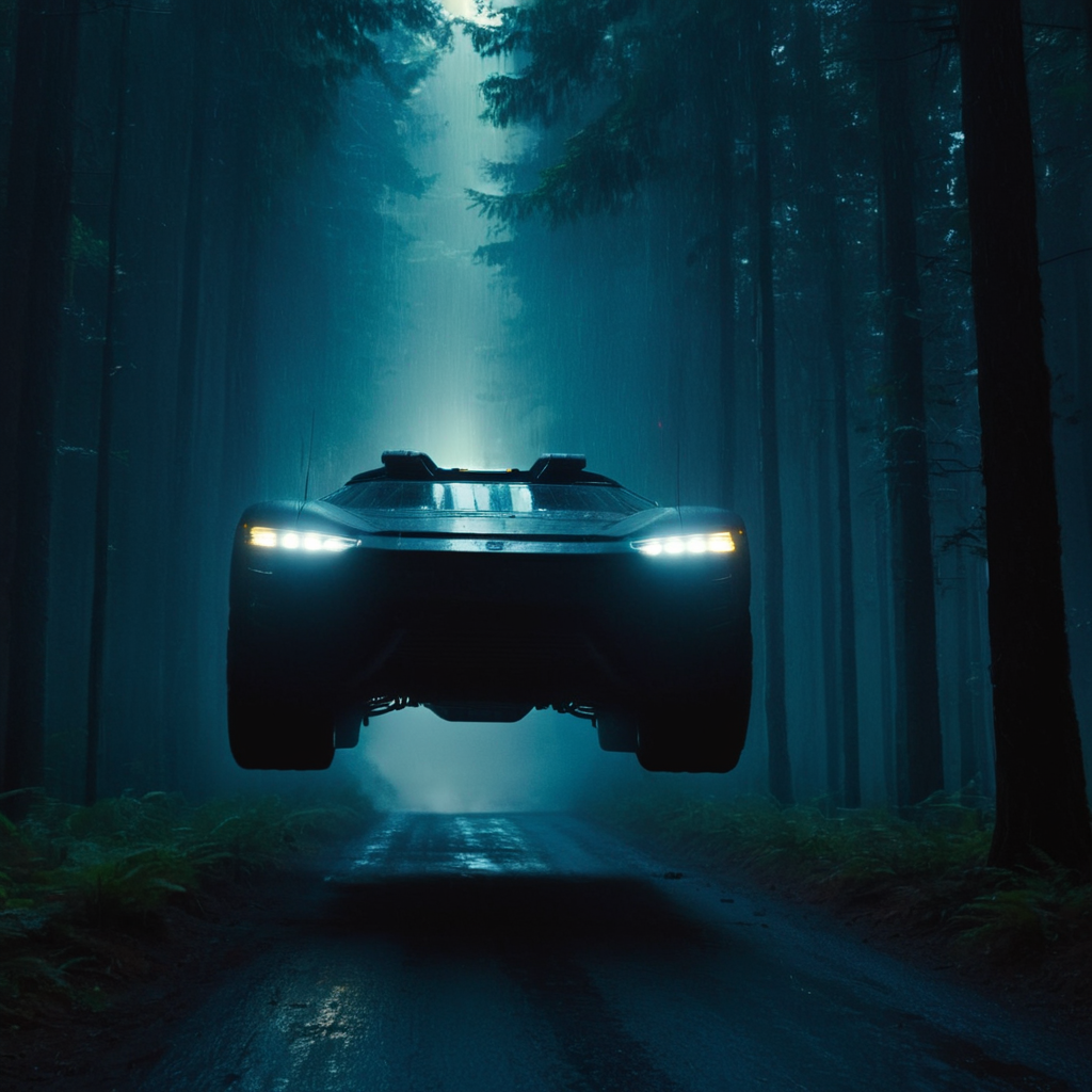 cinematic film still of  <lora:Cyberpunk Style:1>
a futuristic vehicle flying through a dark forest,bionic,transhuman,Dystopia,Dystopian,kakotopia,Science fiction,high tech,low life,societal collapse,Artificial,Posthuman,future,futuristic,Artificial intelligence,Cyborg,genetically-enhanced humans,sci-fi,Cyberpunk Style,military,no humans,flying,science fiction,rain,realistic,military vehicle,vehicle focus,spacecraft,lights,searchlight , Cyberpunk Style, shallow depth of field, vignette, highly detailed, high budget, bokeh, cinemascope, moody, epic, gorgeous, film grain, grainy