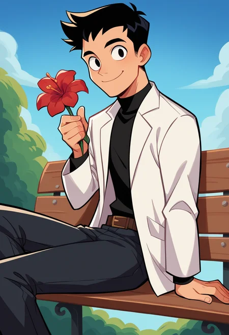 score_9, score_8_up, score_7_up,score_6_up BREAK ict style,1boy,solo,black hair,short hair, black eyes,white jacket,black pants,sitting,looking at viewer,blue sky,smile, turtleneck,long sleeves,bench, tree,holding flower,red flower,happy, from side,(from below:0.8),brown belt, hand up, open jacket,popped collar, closed mouth <lora:ShaneGlinesPony:1>