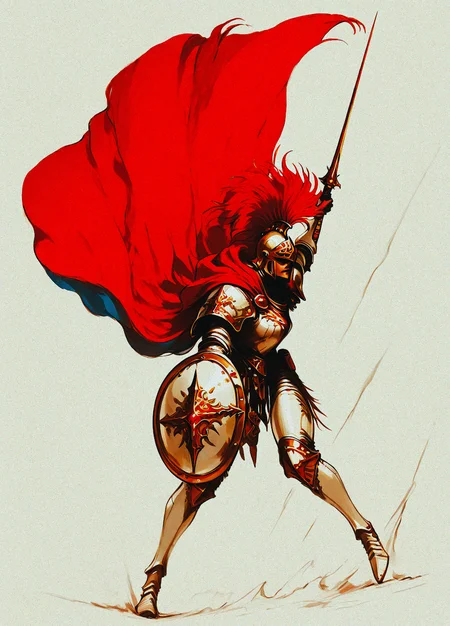 score_9, score_8_up, score_7_up, realistic,
masterpiece, best quality, amazing quality, highres, absurdres, very aesthetic, very awa,expert shading,
3l3ganc3, 1girl, solo,
asymmetrical dual wielding, buckler, cape, dual wielding, full armor, full body, helmet, holding, holding polearm, holding shield, holding weapon, knight, lance, plume, polearm, red cape, shield, weapon, white armor, winged helmetï¼ Attack, dynamic pose, dynamic angle, retro_artstyle, retro, <lora:ponyv6_noobV1_2_adamW-000017:0.7> <lora:Elegence_Niji:0.8> <lora:RetroAnimeILXL:0.75> <lora:nhl-001-20:0.25> <lora:NOOB_vp1_detailer_by_volnovik_v1:0.95> <lora:Vonderful_Psychasurreal:0.8> <lora:USNR_STYLE_XL_lokr:0.55>