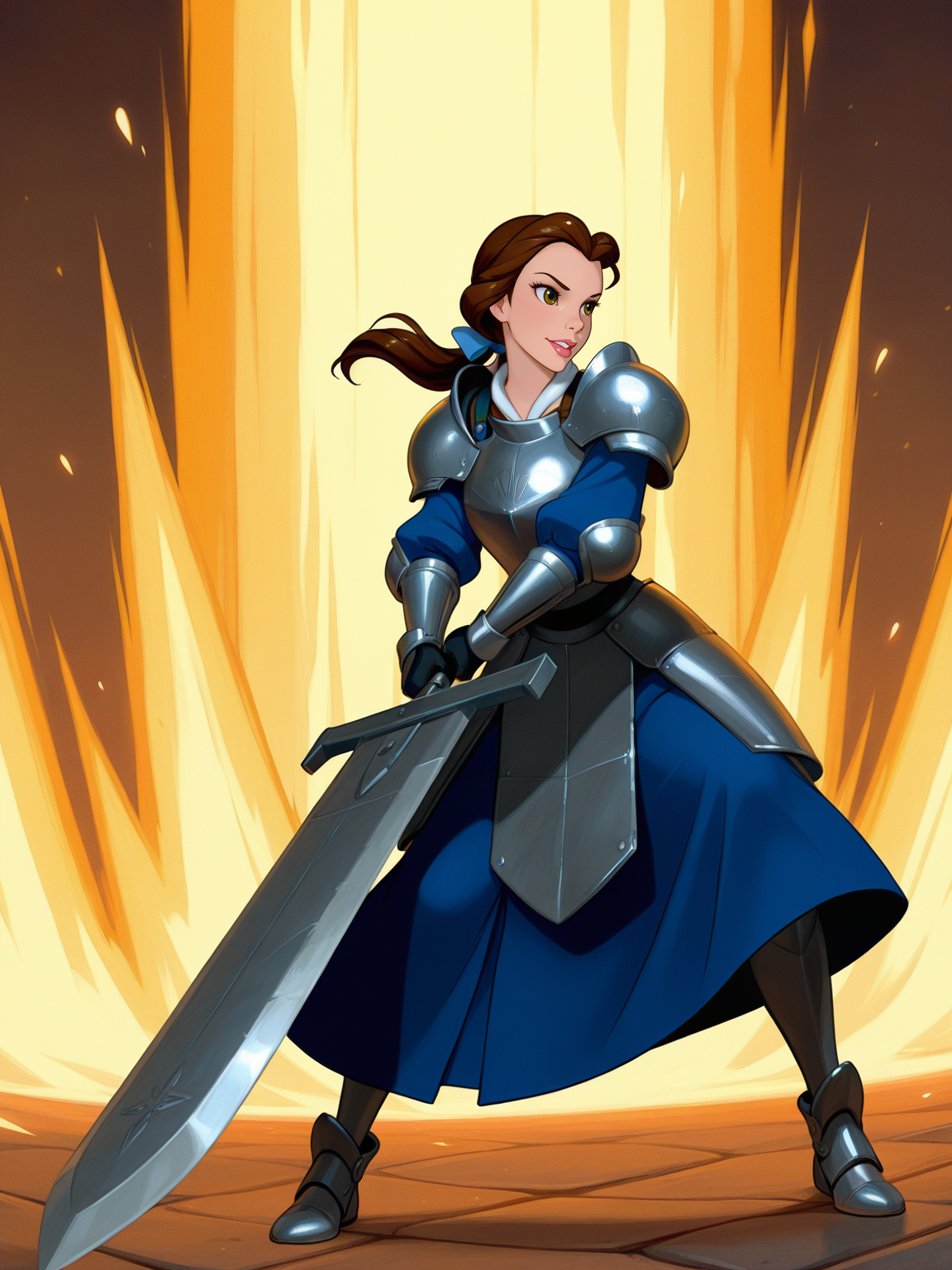 <lora:BelIL:0.7> be_le, 1girl, long brown hair, ponytail hair by a ribbon, duchess nose, pink lips, hazel eyes, 
gigantic sword, steel armor,glowing liens, action, full body, glowing background