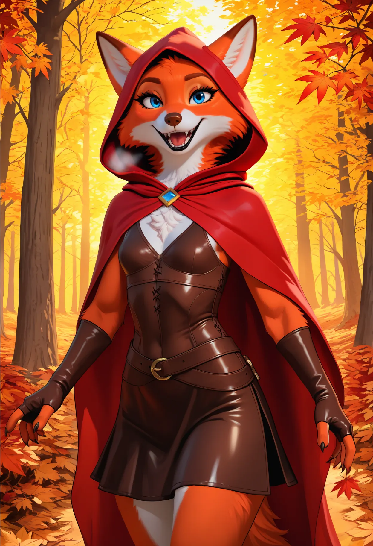 realistic, detailed, photo, detailed fur, realistic fur, detailed background, detailed, sharp lighting, beautiful lighting, detailed background, (masterwork, masterpiece, best quality, hyper-detailed, 8k uhd), newest, vivid color, saturated, anthro, furry, BREAK, 1girl, solo, marianc, female, orange fur, blue eyes, brown nose, red cloakc, red cloak, hood up, brown tipped ears, ears, cowboy shot, walking, laughing, looking at viewer, ear back, open smile, breath, fingerless gloves, leather gloves, dark brown chemise, dark brown bodice, leather armor, brown eyebrows, ears back, from side, from front, small breasts, black lips, lips, fox, autumn, forest, autumn leaves, short skirt, split skirt, leather skirt,
, <lora:Marian_v10Noob3-9s96:0.8>    <lora:noobai_ep11_stabilizer_v0.138_fp16:0.8>
