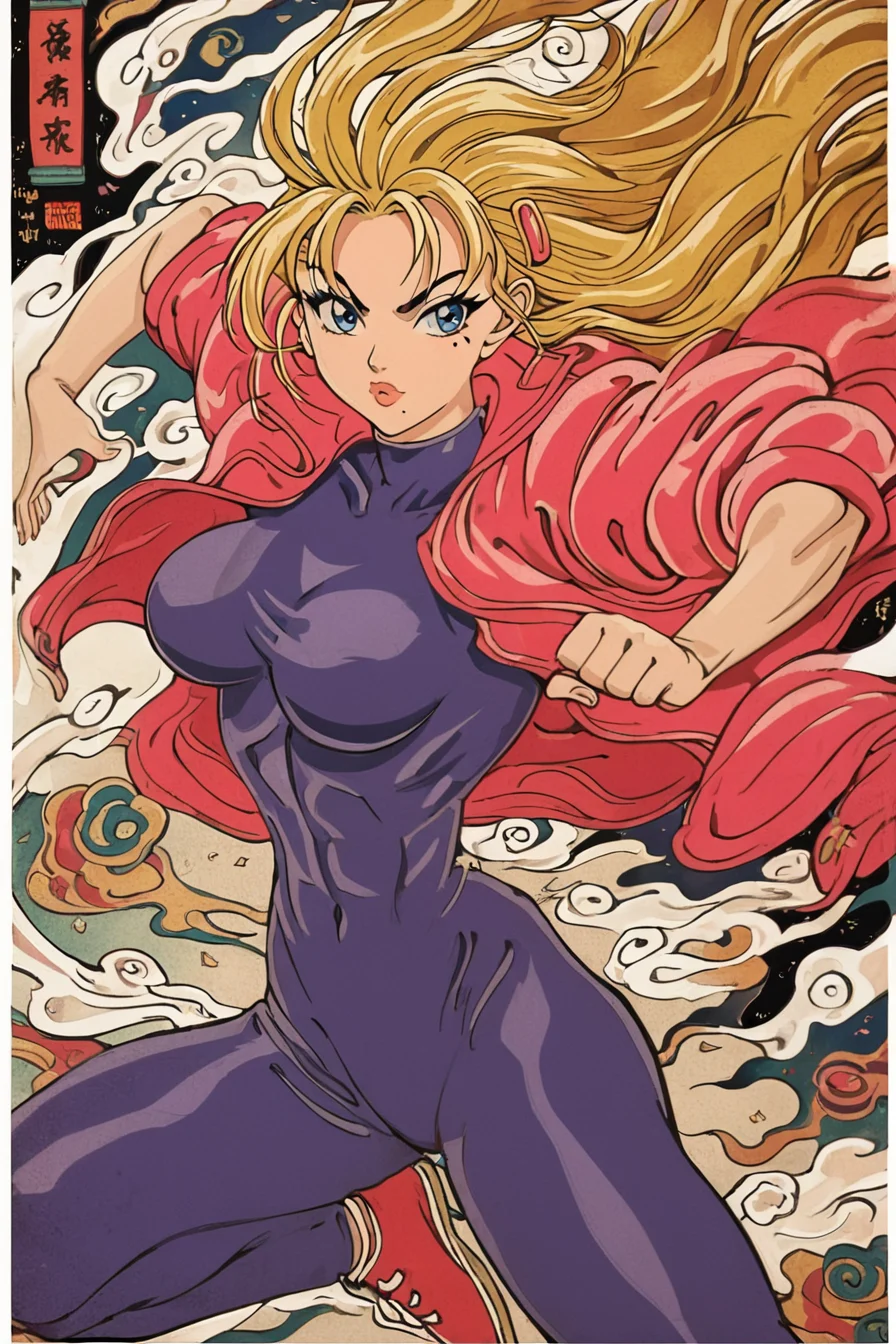 score_9, score_8_up, score_7_up, score_6_up, score_5_up, score_4_up, <lora:Miu_Furinji-000006:0.7> , miu, blonde hair, long hair, blue eyes, mole under right eyes, slim waist, large breast,pink jacket, purple bodysuit, hairclip,<lora:traditional_Japanese_art:1>, traditional japanese art, 1girl, solo, alone, fighting stance, masterpiece, highres