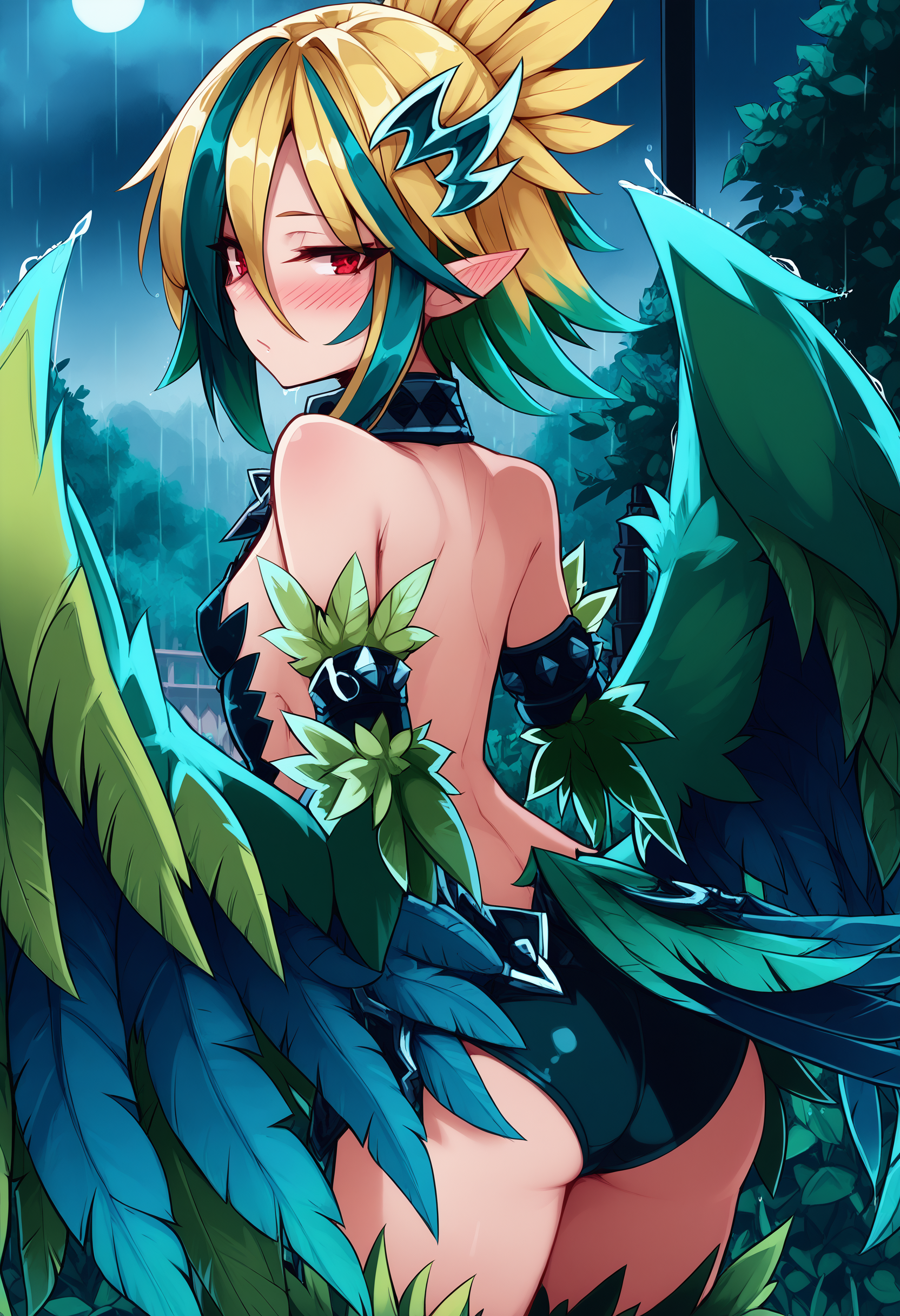 score_9, score_8_up, score_7_up, score_6_up, masterpiece, best quality,
thunderbird, monster girl encyclopedia, 1girl, monster girl, wings, harpy, pointy ears, winged arms, small breasts, red eyes, feathers, green wings, blue feathers, green feathers, tail feathers, outstretched wings, looking back, ass, blonde hair, green hair, feathered wings, multicolored hair, blush, from behind, two-tone hair, back,
outdoors, rain, night sky
<lora:avian_mge_concepts_v11:1>