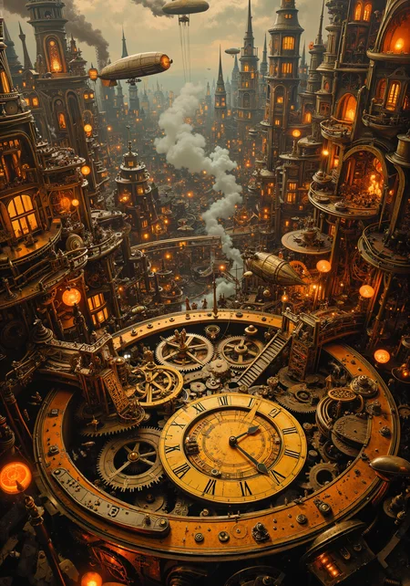 Aerial view of a sprawling steampunk clockwork city nestled within the gears of a colossal pocket watch. Intricate brass and copper mechanisms interlock, forming winding streets and towering structures. Steam billows from ornate chimneys, creating a misty atmosphere. Zeppelins and propeller-driven airships navigate between rotating cogs. Miniature figures in Victorian attire bustle about on suspended walkways. Glowing amber lights illuminate the city, reflecting off polished metal surfaces. The watch face serves as a central plaza, its hands frozen in time. Surrounding the city, an endless sea of swirling gears and springs extends to the horizon. Oil painting style with rich, warm colors and visible brushstrokes. Hyper-detailed 8K resolution, cinematic lighting. <lora:Retrocom1_for_Flux:0.3> <lora:sxz-Dark-Fantasy-v2-Flux:0.2> <lora:dreadmirth-art-style:0.6> <lora:Sinfully_Stylish_1.0_Flux:0.6> <lora:flux_dev:1>