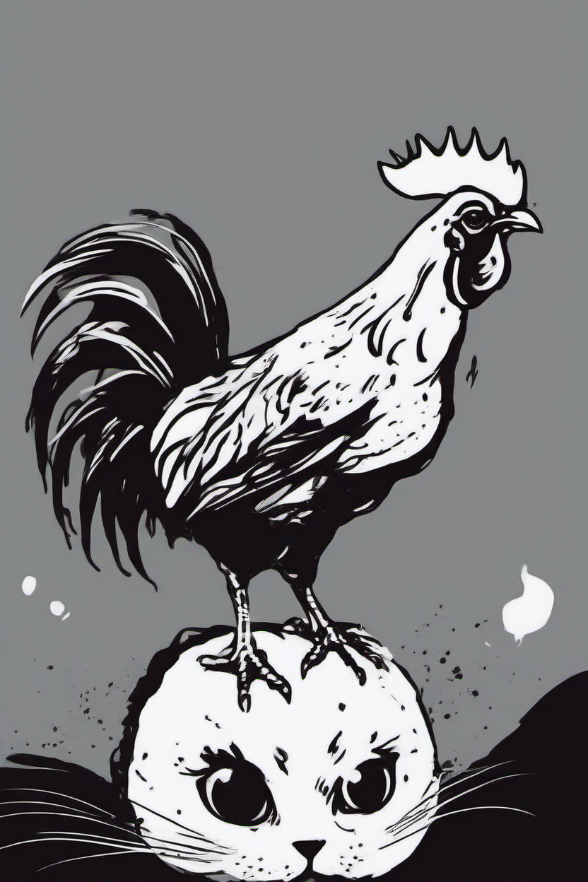 <lora:PE_HighContrastStyleV1:0.8> PEHighContrast,Simple Background, high Contrast, Illustration,Black and White,
(Rooster riding on a Cat)