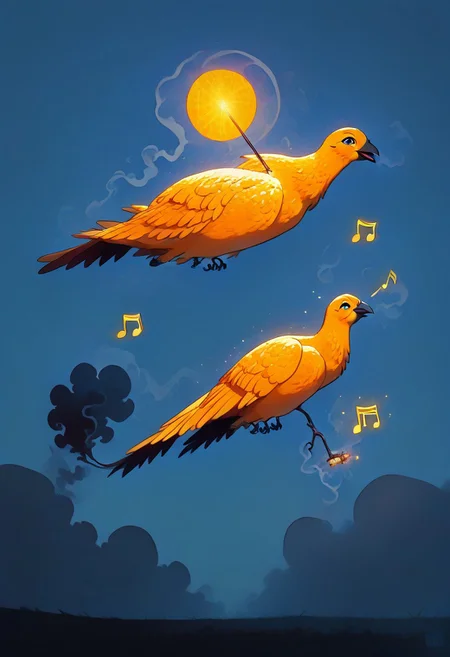 (masterpiece, best quality, high quality, good quality), Steam train made of orange peel on tracks, it's body is crafted from orange peel, smoke made of orange peel, blue sky, happy, humming, musical note, rainbow, sparkle, sunlight, bird, , pastel colors, colorful
,FFAnime Style, orange peel sinozick style