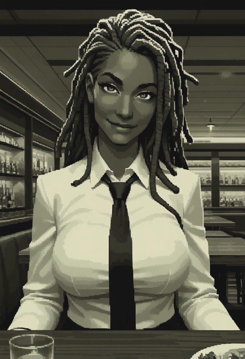score_9, score_8_up, 
green theme, monochrome, pixel, source_anime, bold lines, flat colors,
beautiful, restaurant, bar, modern,
looking at viewer, pretty eyes, Expressiveh, 
dark eyebrows, large breasts,
dark skin, dreadlock hair, suit and tie, at table, smirk