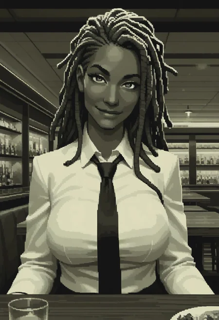 score_9, score_8_up,
green theme, monochrome, pixel, source_anime, bold lines, flat colors,
beautiful, restaurant, bar, modern,
looking at viewer, pretty eyes, Expressiveh,
dark eyebrows, large breasts,
dark skin, dreadlock hair, suit and tie, at table, smirk