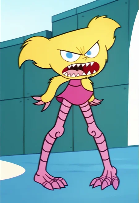 score_9, score_8_up, score_7_up BREAK DeeMon, 1girl, blonde fur, light blue eyes, sharp pointy teeth, pink claws, pink legs, sleeveless pink dress, flatshaded, flatshading, flat shading, screenshot, official art, parody, cartoon footage, official design, screencap, cartoon screenshot, official screenshot, 2d, cartoon, source_cartoon, solo, solo focus, angry at viewer, full body,
