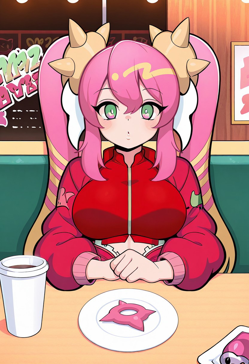 1girl, LiveTwinKi-sikilYu-Gi-Oh, general, solo, pov dating, straight-on, long hair, pink hair, twintails, large breasts, spike, red jacket, open jacket, crop top, dating, sitting, looking at viewer,  restaurant, table, cup, , masterpiece, best quality, amazing quality, (( blowing pink bubblegum  )),<lora:kp_LiveTwinKi-sikilLil-laYu-Gi-OhIllustrious_v1_0:1.0>