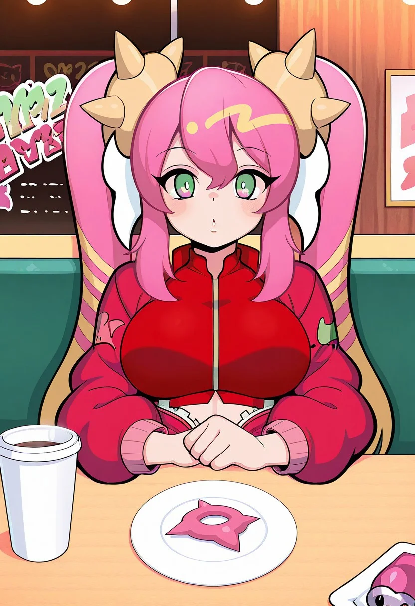 1girl, LiveTwinKi-sikilYu-Gi-Oh, general, solo, pov dating, straight-on, long hair, pink hair, twintails, large breasts, spike, red jacket, open jacket, crop top, dating, sitting, looking at viewer, restaurant, table, cup, , masterpiece, best quality, amazing quality, (( blowing pink bubblegum )),<lora:kp_LiveTwinKi-sikilLil-laYu-Gi-OhIllustrious_v1_0:1.0>
