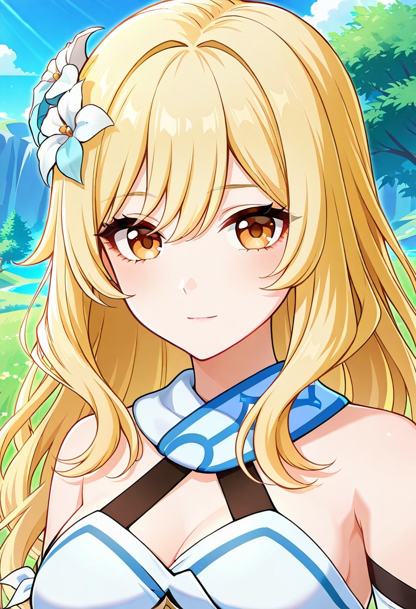 absurdres, best quality, masterpiece, amazing quality, highres, newest, detailed, source anime, anime coloring, beautiful, fantasy, outdoors, 
BREAK
1girl, solo, KijHyou, brown eyes, blonde hair, long hair,, wavy hair, light smile, light blush, looking at viewer,
BREAK
cosplay, lumine \(genshin impact\) \(Cosplay\)