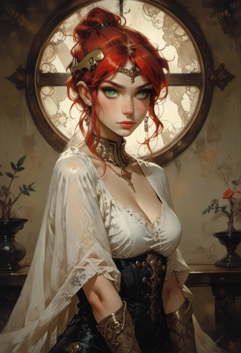 score_9, score_8_up, score_7_up, ((waist-up portrait, kneeling, face focus, eye focus, dynamic angle, motion)), 1girl, fantasy, (ph4nt0m01l), (Tarot Card Style), (pyrrha nikos), (red hair, green eyes), greek armor, breathless intimacy, tanned skin, petite model bombshell, heart, young, delicate features, narrow pointy nose, tiny nose, lust, big eyes, seductive eyes, blue eyes, detailed skin, flared lashes, mascara, makeup, perky medium breasts, athletic body, narrow waist, skinny hips,
warm light, detailed, neon dark party, candles, ((occult))
 BREAK
milky way, runes, arcane, astral, surreal, ethereal glow, masterpiece, best quality, intricate design. colorful, moonlit nightsky, stained glass aesthetic, moody whimsical color palette, murano glass, bold soldering lines, volumetric light shining through, crepuscular rays, intricate craftsmanship, detailed texture, luminous transparency, reflective light play, vivid hues, atmospheric depth, enchanting silhouette, art nouveau,