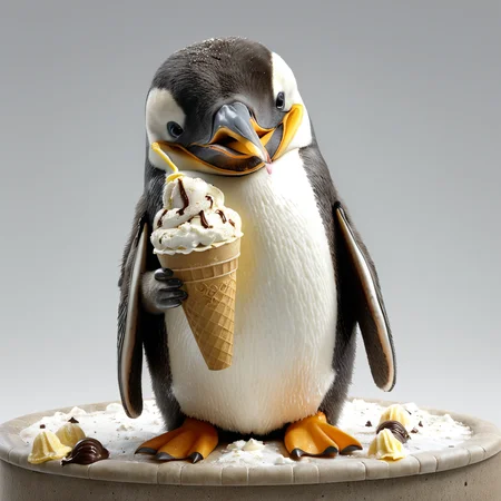 midjourneylora, penguin, eating icecream,Photorealistic, Ultra-high detail, lifelike textures, realistic lighting, high-resolution