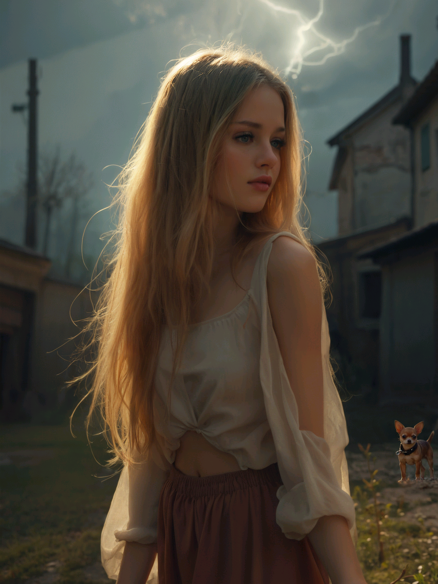 breathtaking a woman in a skirt is posing for a picture outside of a house with her hair blowing in the wind, Anna Katharina Block, blonde hair, a polaroid photo, superflat . award-winning, professional, highly detailed