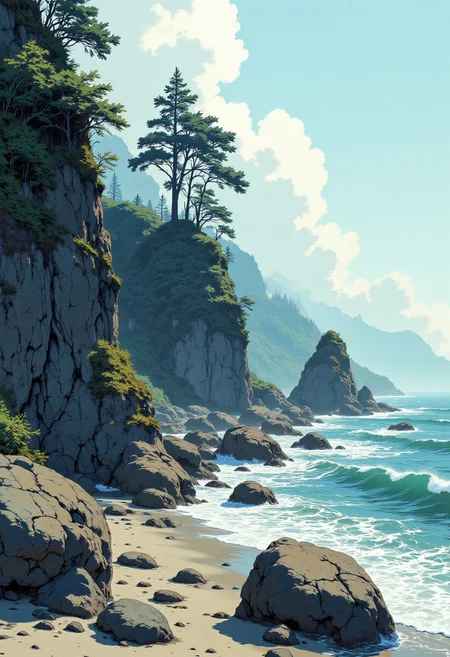 image of a rugged coastline of eroded rocks, windswept beach, rough sea, misty, diffuse lighting, j_art
