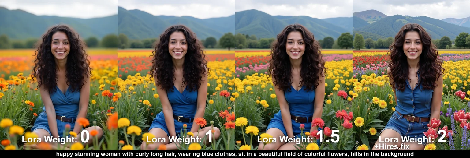 happy stunning woman with curly long dark hair, wearing blue clothes sit in a beautiful field of flowers, colorful flowers everywhere, hills in the background <lora:AntiBlur:2>