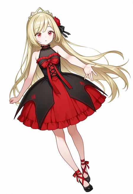 Smooth Quality,masterpiece,very intricate, high quality details, ultra realistic, high detailed skin,detailed enviorement,absurdres,
reaching,
<lora:Ecute_CNR:0.8> ecute_cnr, 1girl, blonde hair, very long hair, red eyes, bare shoulders, black dress, sleeveless dress, gothic fashion,tiara, hair flower,black footwear,, simple background, white background, dutch angle,solo,, excited,