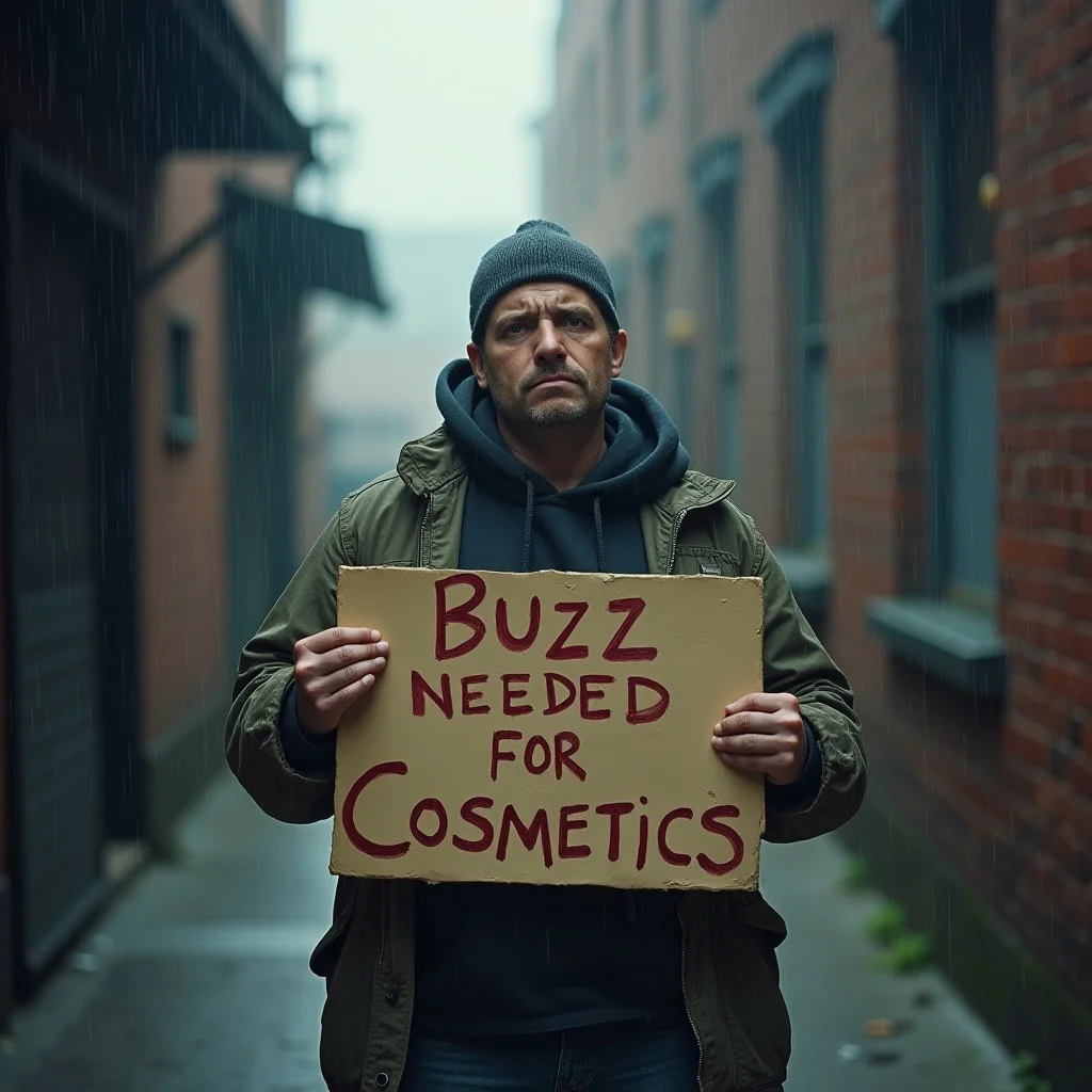 "buzz needed for cosmetics" on a sign held by a sad man in an alley with saggy clothes it is raining and looking at the viewer
