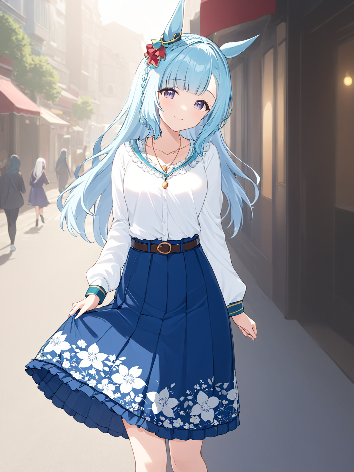 (masterpiece),(highest quality),highres,(an extremely delicate and beautiful),(extremely detailed), solo, Mejiro Ardan \(umamusume\) wears jewelry, necklace, long sleeves, white shirt, belt, necklace, blue skirt, long skirt, floral print, socks. she is at street and looking around, light smile and closed mouth
 <lora:UmaDiffusionXL-768x1024:1>