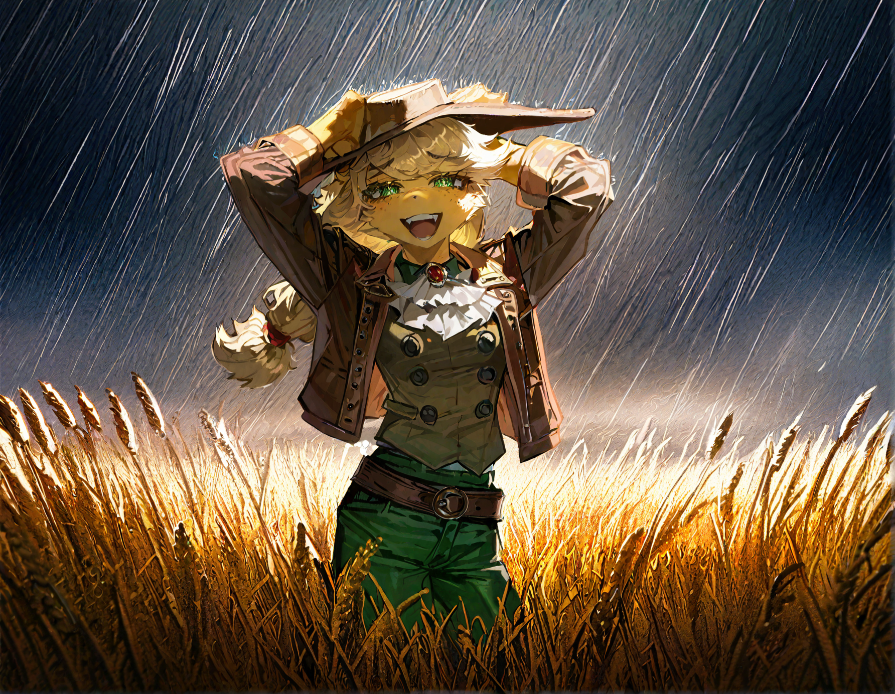 applejack , 1girl, blonde_hair , cloud ,colored_skin, furry, furry_female, long_hair,orange_skin ,outdoors, personification , solo, , wheat_field,Straw ,dot_nose, freckles, green_eyes , medium breast,
green_pants, jacket,long_hair, official_alternate_costume, open_jacket, pants, single_braid, yellow_shirt,adapted_costume , braid ,brooch ,brown_belt, brown_hat, brown_jacket, buttons, cowboy_hat ,detached_collar, knee_boots,  windy,  looking at viewer, rain, raining, storm, laughing , happy,dynamic pose, arms up, 
rella, rolua,  quasarcake:0.8, negative space,  very awa,
masterpiece, best quality, Good quality, very aesthetic, absurdres, newest, (Perfect details),
<lora:ponyv5_noobV065S_1_adamW:0.8>, <lora:illustrious_noobai_epsilon_pred_1_best_quality_v1:0.7> ,<lora:illustrious_noobai_epsilon_pred_11_very_aesthetic_v1:0.7> ,<lora:illustrious_noobai_epsilon_pred_1_masterpieces_v1:0.7> , <lora:Straw_thread:1>