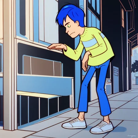 score_9, score_8_up, score_7_up BREAK AndyMH, 1boy, blue hair, blue eyes, yellow sweater with cyan stripe, blue pants, light blue white shoes, full body,