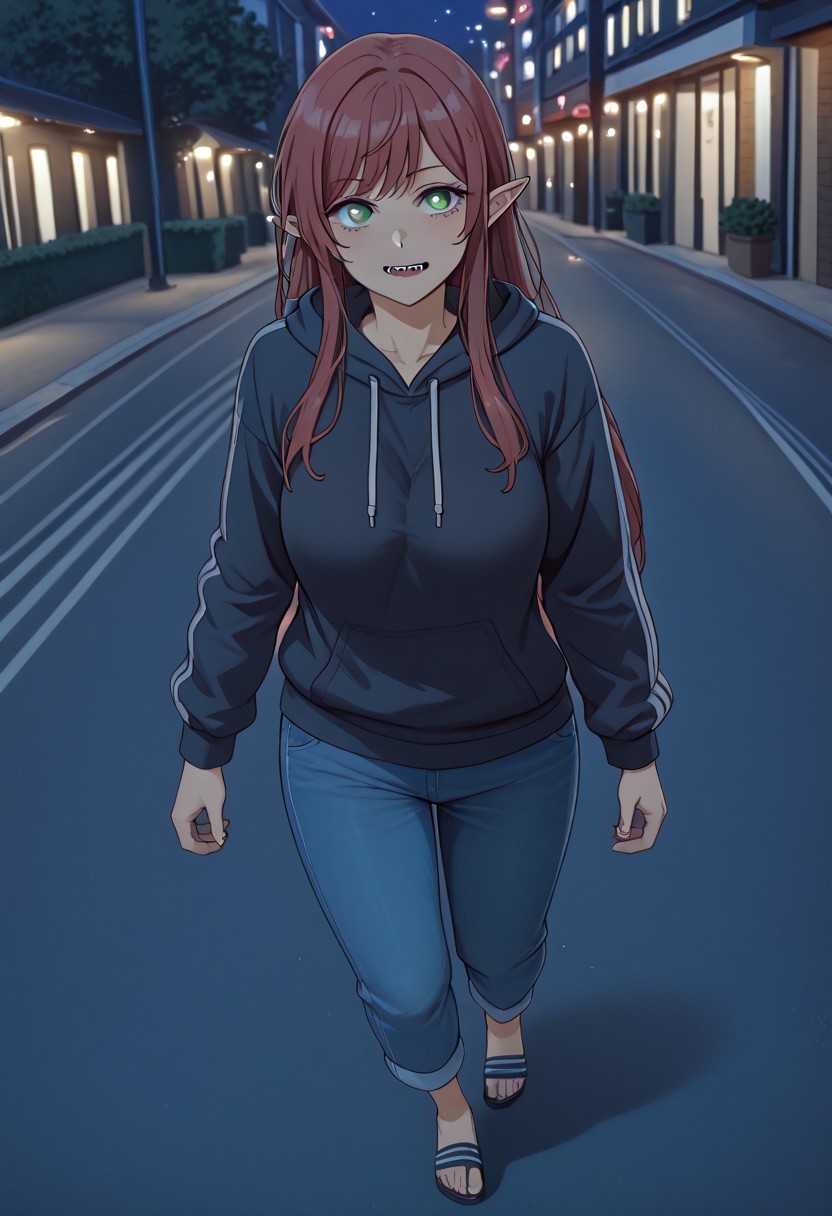 score_9, score_8_up, score_7_up, perfect eyes, partially illuminated, animification, Anime_source,  depth of field, (Masterpiece), Sono Bisque Doll wa Koi wo Suru - Marin Kitagawa, extremely detailed, legs, large breast, green eyes, perfect eyes, high resolution, sharp detail, dark red hairs, redhair, dark red hair, 1girl, fangs, sexy, long hair, pointy ears, good hands, anatomically correct, best quality, masterpiece, highly detailed face, highly detailed eyes, natural breasts, mature woman, correct anatomy, feet, perfect feet, perfect toes, jersey trousers, adilette sandals, blue adilette sandals, black hoodie, worried, looking at another, solo focus, ultra detailed eyes, full body, running in a Tokyo street, Tokyo night, night, ultra hd, highest score, 
BREAK, 
very colorful, (intense angle: 1.3), cowboy shot, dutch angle, <lora:minami-nanami-s1-ponyxl-lora-nochekaiser:0.6>