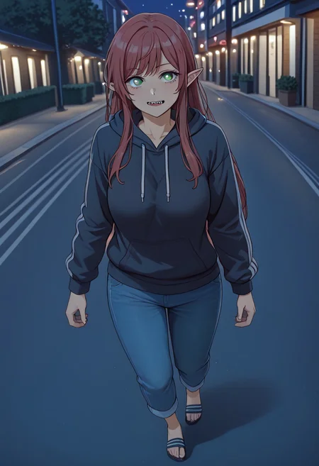 score_9, score_8_up, score_7_up, perfect eyes, partially illuminated, animification, Anime_source,  depth of field, (Masterpiece), Sono Bisque Doll wa Koi wo Suru - Marin Kitagawa, extremely detailed, legs, large breast, green eyes, perfect eyes, high resolution, sharp detail, dark red hairs, redhair, dark red hair, 1girl, fangs, sexy, long hair, pointy ears, good hands, anatomically correct, best quality, masterpiece, highly detailed face, highly detailed eyes, natural breasts, mature woman, correct anatomy, feet, perfect feet, perfect toes, jersey trousers, adilette sandals, blue adilette sandals, black hoodie, worried, looking at another, solo focus, ultra detailed eyes, full body, running in a Tokyo street, Tokyo night, night, ultra hd, highest score, 
BREAK, 
very colorful, (intense angle: 1.3), cowboy shot, dutch angle, <lora:minami-nanami-s1-ponyxl-lora-nochekaiser:0.6>