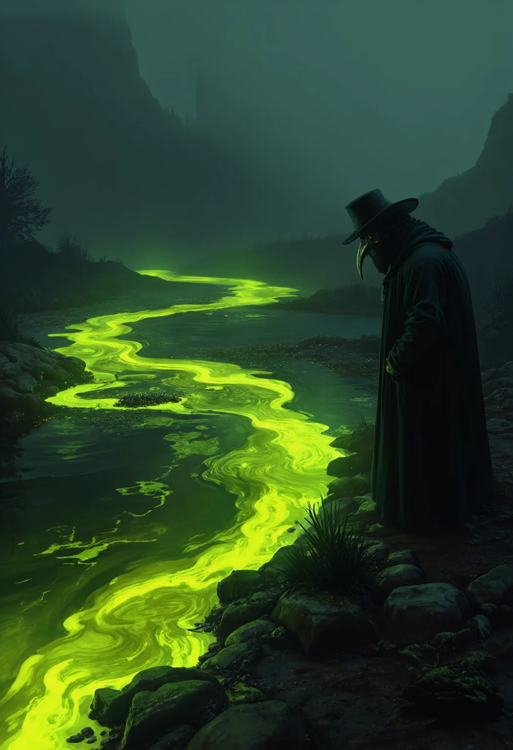 zavy-psnglw. A haunting, photorealistic image reveals a murky, poisonous river winding through a desolate landscape. The toxic liquid swirls with a sickly, luminescent glow, casting an eerie greenish light over the dark surroundings. Standing near the riverbank is a figure in a plague doctorâs attire, shrouded in shadows yet illuminated by the toxic glow of the water. His beak-like mask and wide-brimmed hat add to the dark fantasy atmosphere, lending an ominous air as he studies the contaminated flow. The background fades into mist and darkness, amplifying the sense of foreboding and danger.