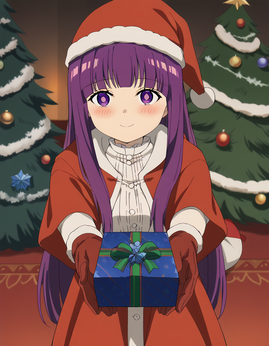 score_9, score_8_up, score_7_up, source_anime, <lora:fern-s1-v2-ponyxl-lora-nochekaiser:1>, fern, long hair, bangs, purple eyes, purple hair, sidelocks, blunt bangs, bright pupils, half updo, large breasts, anime screencap, <lora:santa-costume-ponyxl-lora-nochekaiser:1>, santa costume, santa hat, christmas, sack, merry christmas, gift, fur-trimmed headwear, holding sack, santa dress, fur-trimmed dress, christmas tree, christmas tree, fur trim, red capelet, gift box, red gloves, fur-trimmed capelet, santa gloves, red hat, hat,, smile, blush, looking at viewer, <lora:incoming-gift-ponyxl-lora-nochekaiser:1>, incoming gift, outstretched arms, holding, holding gift, gift, gift box,, , dutch angle, cowboy shot