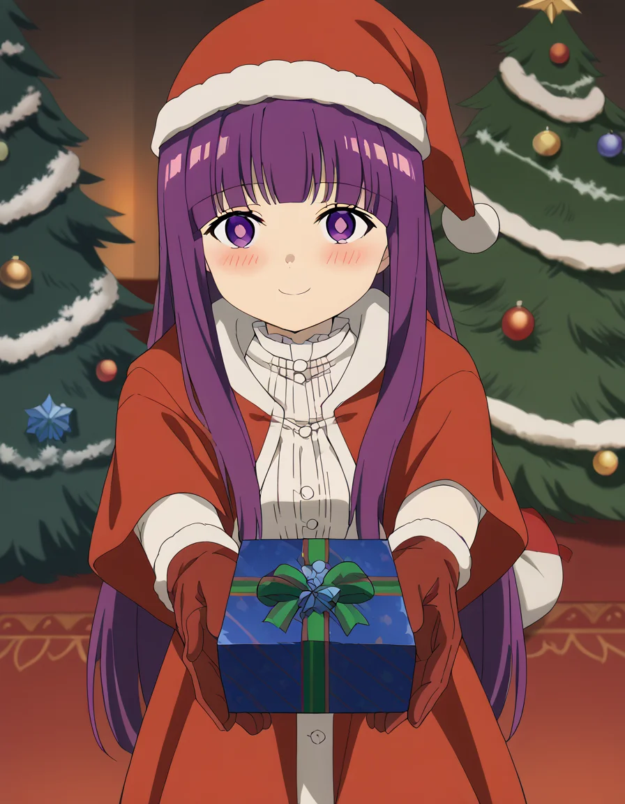 score_9, score_8_up, score_7_up, source_anime, <lora:fern-s1-v2-ponyxl-lora-nochekaiser:1>, fern, long hair, bangs, purple eyes, purple hair, sidelocks, blunt bangs, bright pupils, half updo, large breasts, anime screencap, <lora:santa-costume-ponyxl-lora-nochekaiser:1>, santa costume, santa hat, christmas, sack, merry christmas, gift, fur-trimmed headwear, holding sack, santa dress, fur-trimmed dress, christmas tree, christmas tree, fur trim, red capelet, gift box, red gloves, fur-trimmed capelet, santa gloves, red hat, hat,, smile, blush, looking at viewer, <lora:incoming-gift-ponyxl-lora-nochekaiser:1>, incoming gift, outstretched arms, holding, holding gift, gift, gift box,, , dutch angle, cowboy shot