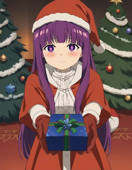 score_9, score_8_up, score_7_up, source_anime, <lora:fern-s1-v2-ponyxl-lora-nochekaiser:1>, fern, long hair, bangs, purple eyes, purple hair, sidelocks, blunt bangs, bright pupils, half updo, large breasts, anime screencap, <lora:santa-costume-ponyxl-lora-nochekaiser:1>, santa costume, santa hat, christmas, sack, merry christmas, gift, fur-trimmed headwear, holding sack, santa dress, fur-trimmed dress, christmas tree, christmas tree, fur trim, red capelet, gift box, red gloves, fur-trimmed capelet, santa gloves, red hat, hat,, smile, blush, looking at viewer, <lora:incoming-gift-ponyxl-lora-nochekaiser:1>, incoming gift, outstretched arms, holding, holding gift, gift, gift box,, , dutch angle, cowboy shot