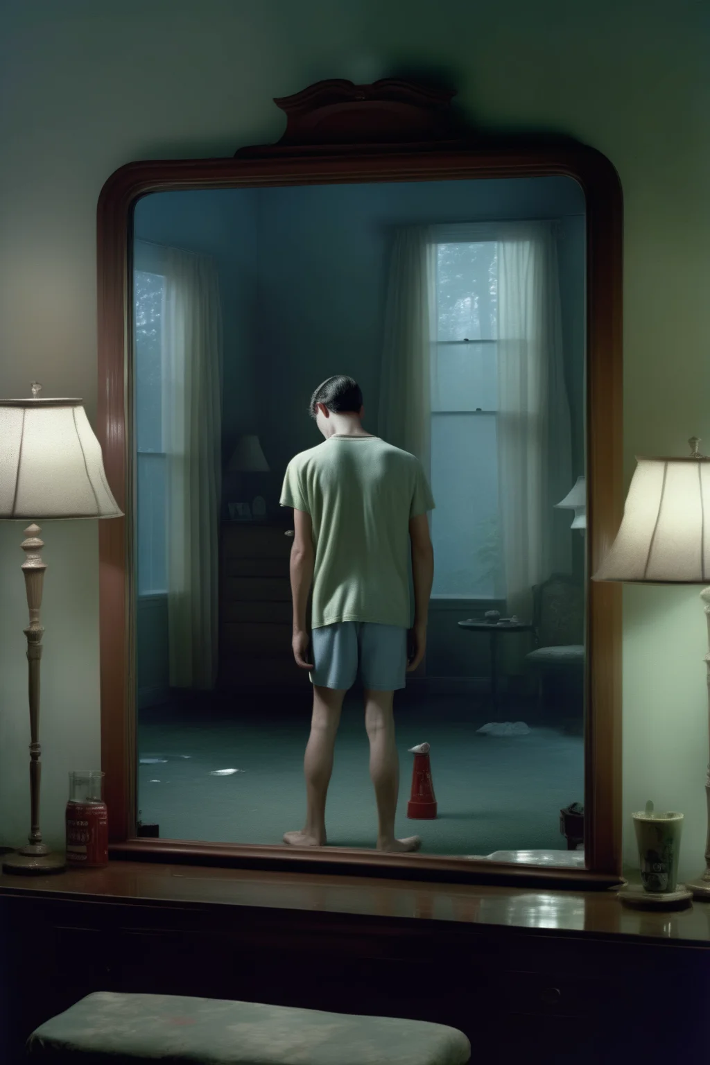 <lora:Gregory Crewdson Style:1>Gregory Crewdson Style - a male looking in a mirror, close up surreal photograph