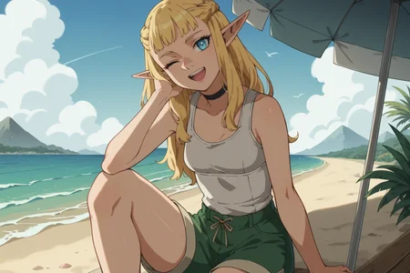 score_9, score_8_up, score_7_up, source_anime, 1girl, prefect lighting, very aesthetic, intricate details, highly detailed background, masterpiece, high quality, prefect hands, best quality, solo,
<lora:Pattadol_Dungeon_Meshi_V1:.85>, blonde hair, light blue eyes, pointy ears, pointy nose, braid, long hair,
green shorts, white tank top, black choker,
sitting one knee up, smile, one eye closed, open mouth, teeth, head tilt,
beach, sunny, umbrella, palm tree, mountains, ocean, shoreline,
(Beautiful, small Breasts:1.2), natural breasts,