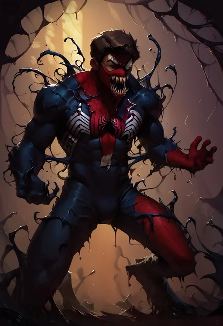 score_9, score_8_up, score_7_up, score_6_up, venom_assimilation, dehumanization, transformation, black slime (substance), 1boy, torn spider-man costumes, unmasked, brown hair, merging, absorption, horror, interspecies, corruption, black goo, concept art, realistic, dark theme, low light