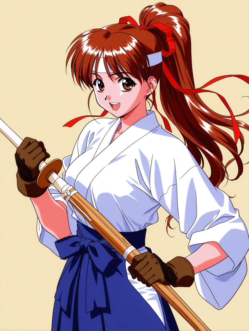 general,highres, ultra-detailed,very aesthetic,best quality ,best hands,  BREAK <lora:Toudou_Asuka_VIPER-V10_IS:1> Toudou_Asuka, 1girl, solo, long hair, brown hair, brown eyes, 1990s (style), medium breasts,
headband, skirt, sword, weapon, open mouth, japanese clothes, gloves, blue hakama, hakama skirt, smile, holding, 1990s (style), looking at viewer, ponytail, shinai, teeth