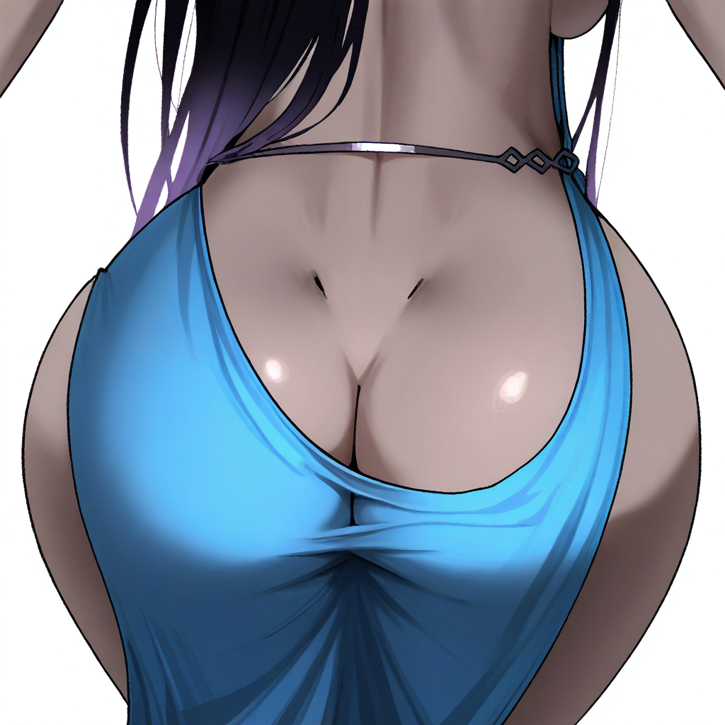 (Anime lineart, ), masterpiece, anime wallpaper, CG, absurdres, highres, Female character's ass, wearing an evening dress, solo,highres, realistic skin texture, flexible pose,<lora:hyperSD8:1>, (illustration, 1girl, Karin, (karin(Blue Archive), blue archive), (dark-skinned_female), dark skin, (long hair (black hair), gradient hair, purple hair), (AK05EV3N1NGDR3S5), anime screencap  adult female, ass focus, Evening dress, backless dress, blue dress, dress, sideless dress, ass focus, butt crack, (dimples of venus), median furrow, close-up Simple background,