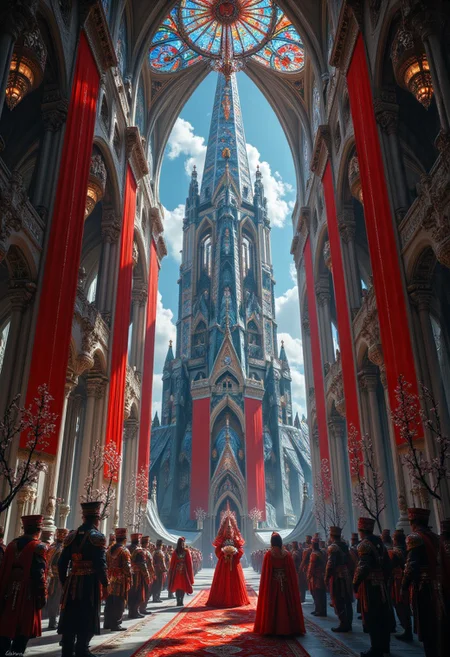 warhammer 40k, dark sci-fi, Icenholm is constructed of stained glass that shines in a dazzling array of colors in the sunlight. Its spires house some of the most senior barons along with members of the royal family. The majority of Icenholm’s population is made up of hereditary servants, pledged to either the queen or one of her barons. They form small armies of clerks who ensure that the planet’s barons are offering up the correct tithes to their queen, and attend to other matters of governance such as the regulation of heraldry. These servants have their own hierarchies, with the queen’s own servants very much in charge. They wear the liveries of their masters, which in the case of the queen’s servants is red (red is a color reserved for royal use on Sepheris Secundus---anyone else wearing it is likely to be arrested by baronial troops).
.aidmaMJ6.1,aidmaimageupgrader,Midjourney_Whisper