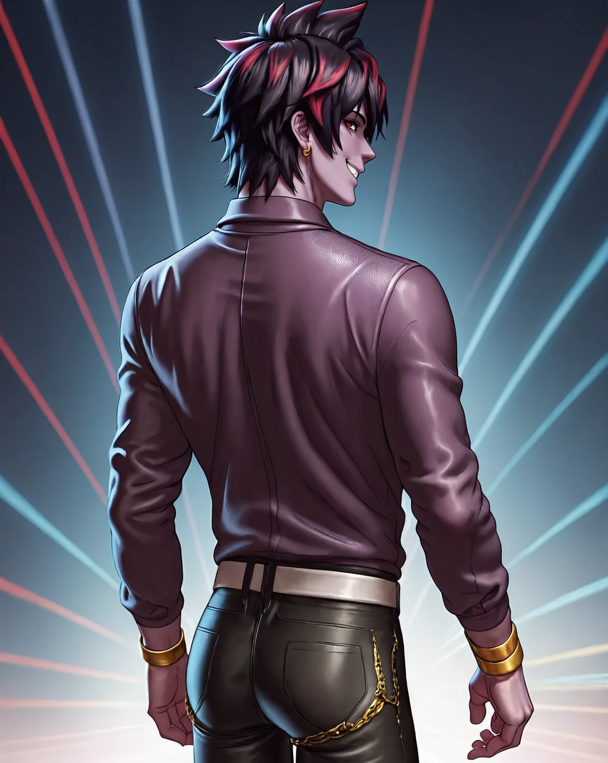 score_9, score_8_up, score_7_up, rating_questionable, intricately detailed, high resolution, 
<lora:Echo_Gayharem:0.8>,
1boy(echo_gh, purple skin, mesh shirt, skin tight leather pants, gold bracelets, cowboy shot, thigh up focus, slight smile, looking at the viewer, solo), back view, disco, at night, dark room, low light, indirect lightning,
detailed background, depth of field, 
<lora:ral-chrosc-clr:0.7>, ral-chrosc-clr,
<lora:Expressive_H:0.5>, Expressiveh,
<lora:xl_more_art-full_v1:0.3>,
<lora:add-detail-xl:0.3>
