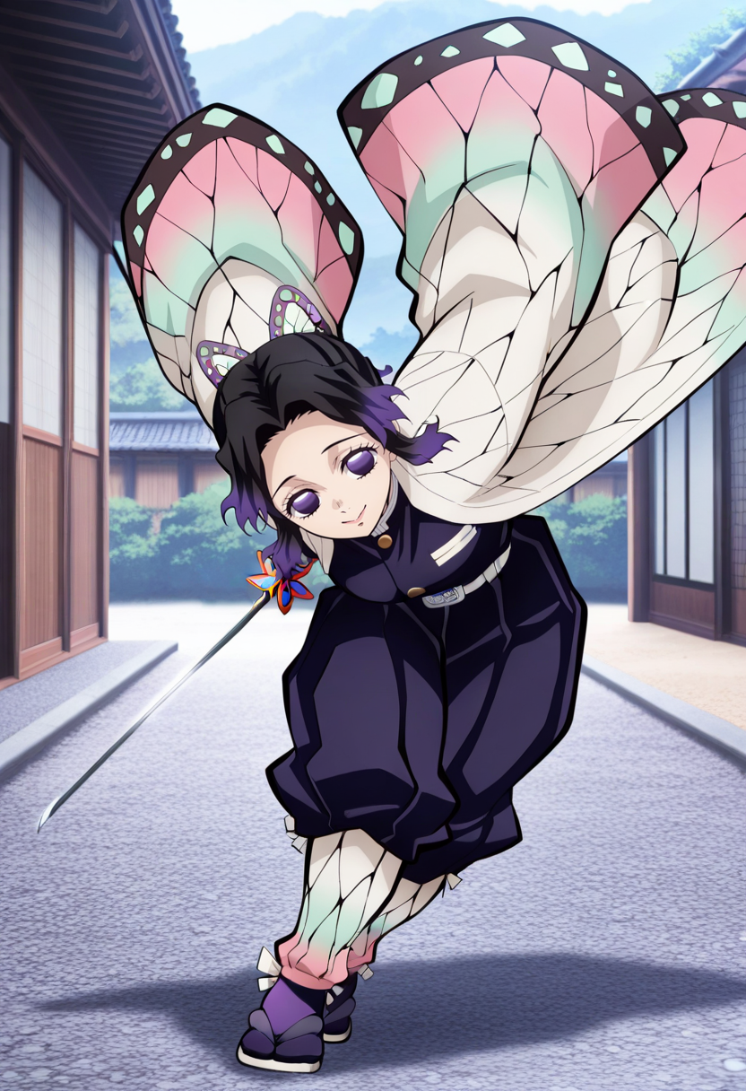 newest, masterpiece, best quality, 4k,
outdoors, very aesthetic, detailed background, full body,
1girls, solo,  <lora:Shinobu Kocho - Demon Slayer:1> shin0bu, kochou shinobu, black hair, purple hair, multicolored hair, gradient hair, purple eyes, butterfly hair ornament, demon slayer uniform, long sleeves,jacket,smile, weapon, katana, holding katana, attack pose,